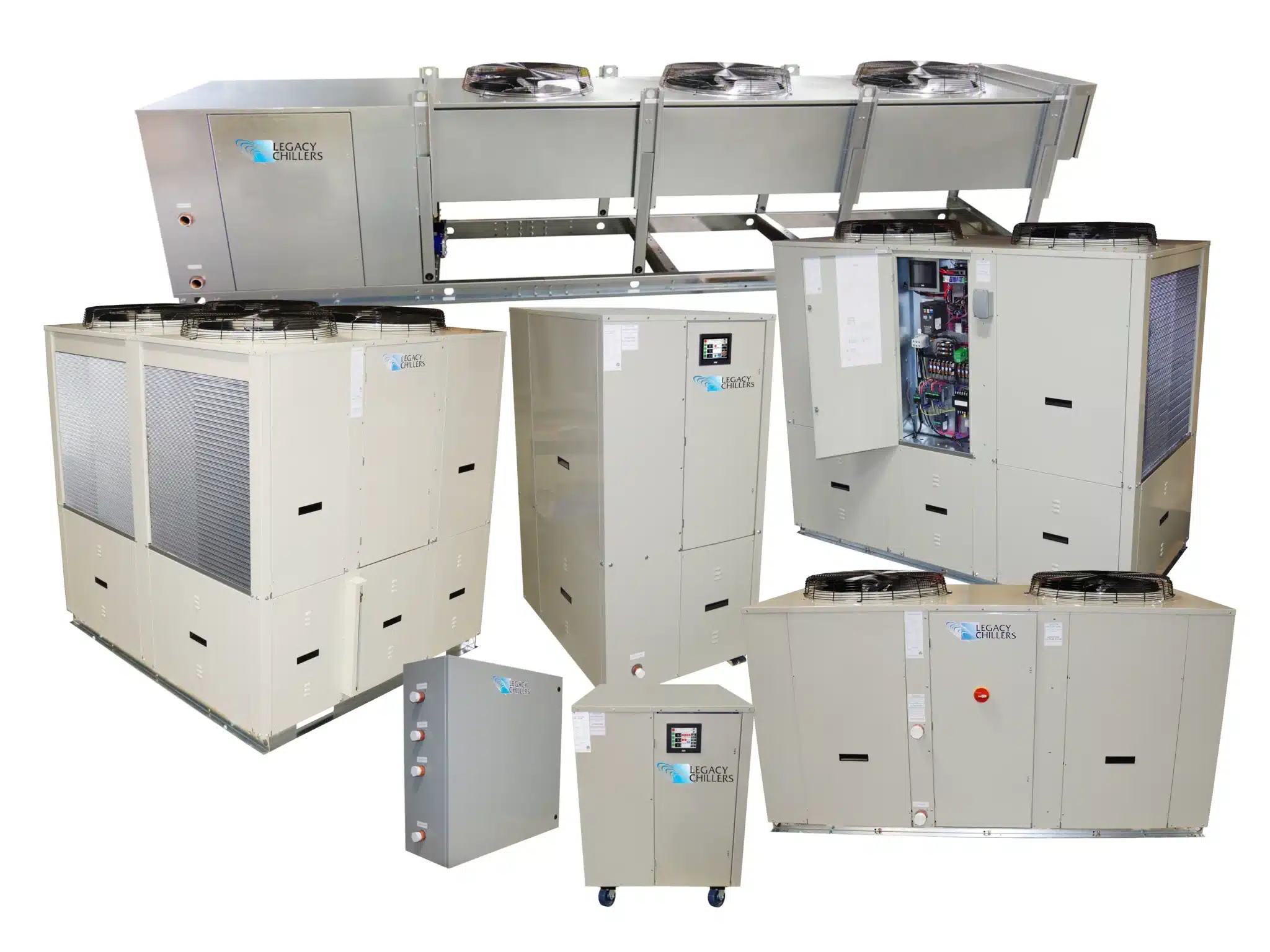 Legacy Chillers Product Lineup LEgacy chillers product line up consisting of single, dual, and quad stage process chillers, air-cooled chillers, water-cooled chillers